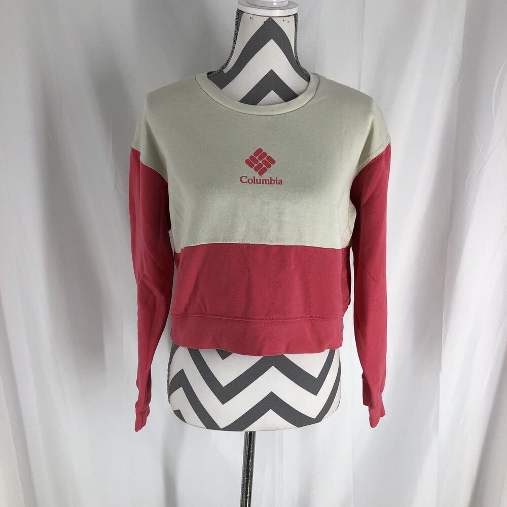 Columbia Women M Cropped Colorblock Pink Cream Logo Sweatshirt Athletic